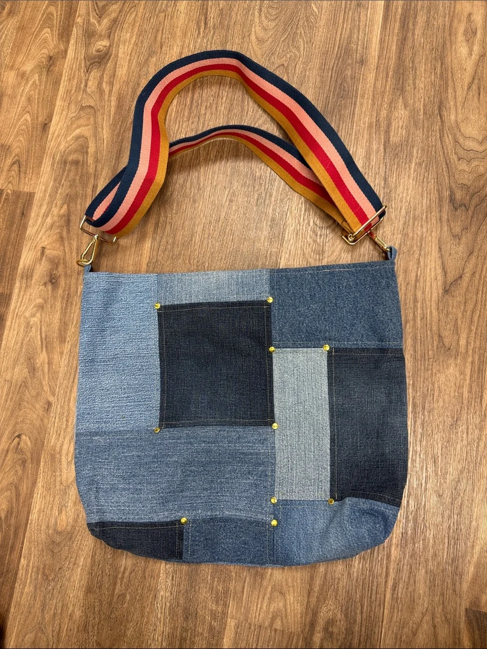 NWOT Denim Patchwork Hobo Bag with Striped Strap - Blue and Red - Picture 6 of 7